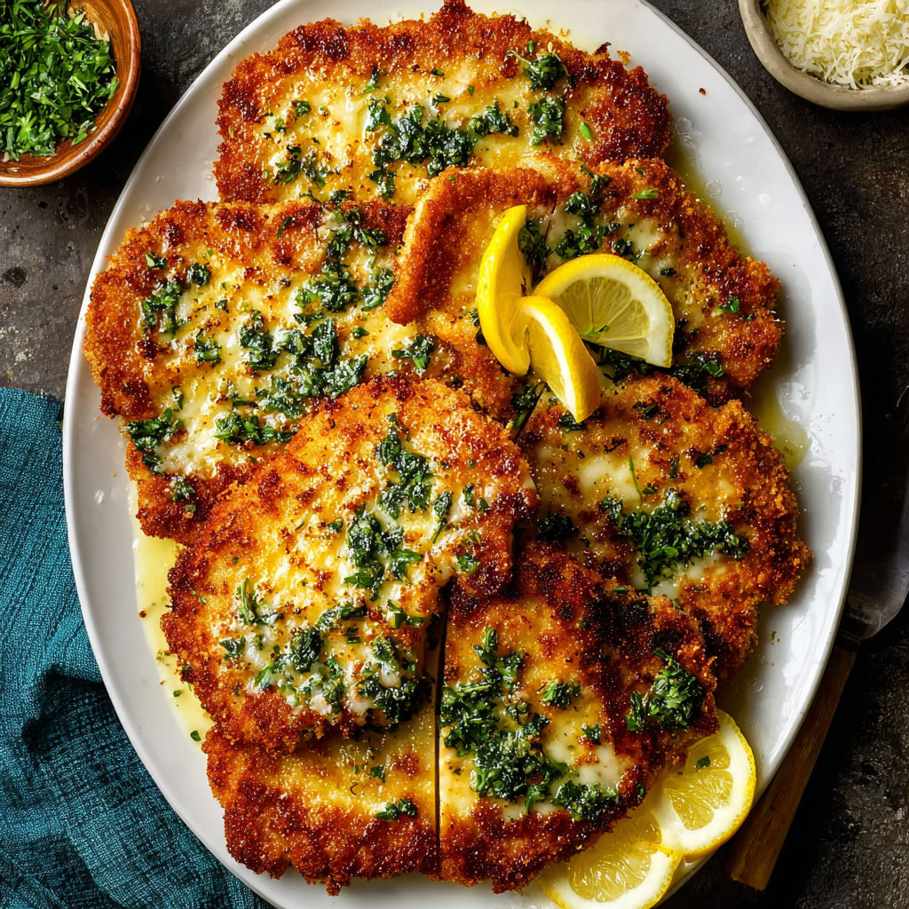 Crispy chicken cutlets with lemon garlic butter sauce.
