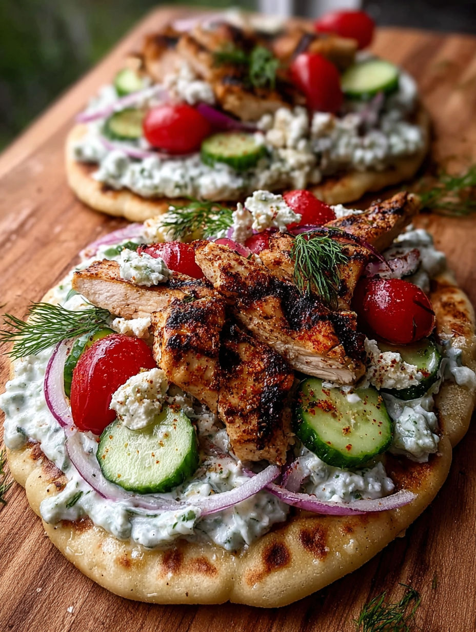 A flatbread with chicken, tomatoes, cucumbers, and red onion.