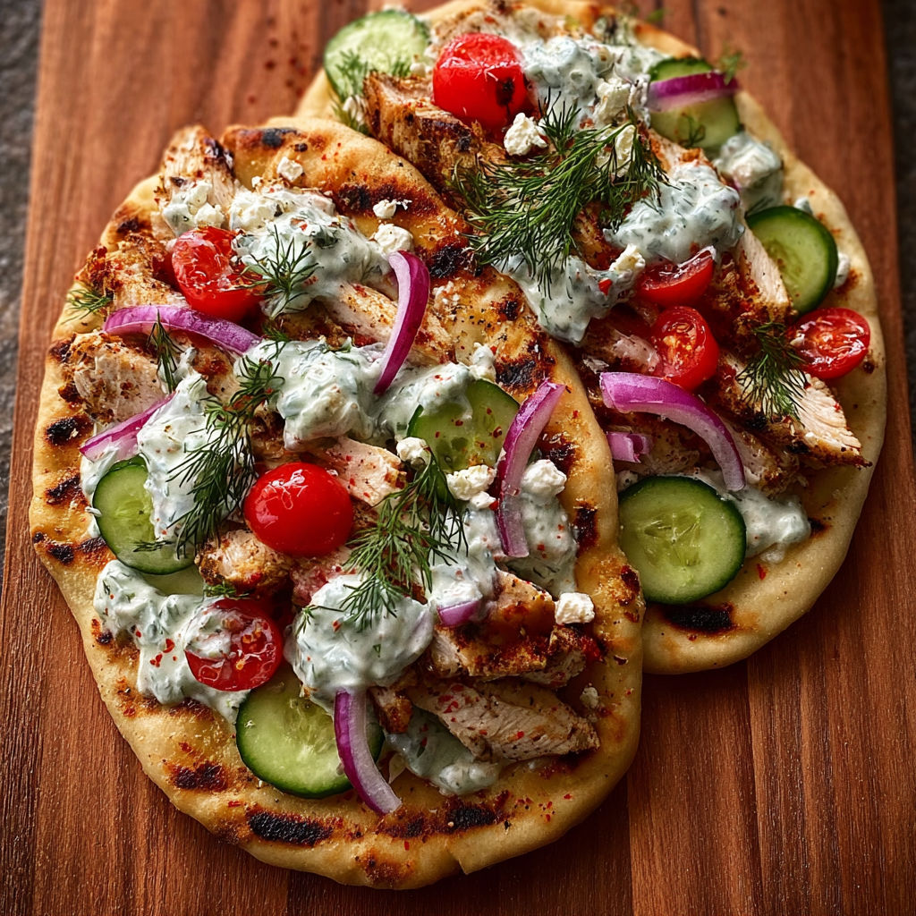 A flatbread with chicken, cucumbers, tomatoes, and red onions.