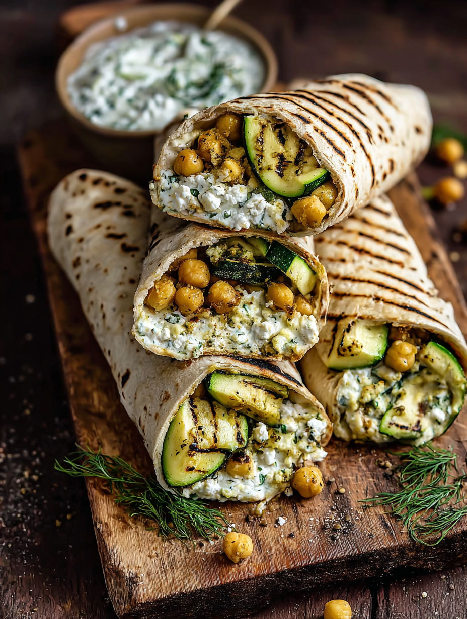 A grilled zucchini and feta chickpea wrap with herbed yogurt.