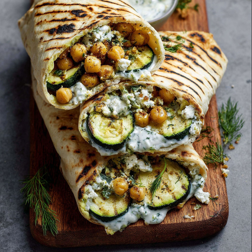 A grilled zucchini and feta chickpea wrap with herbed yogurt.