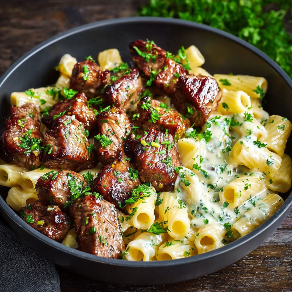 A bowl of pasta with meat and cheese.