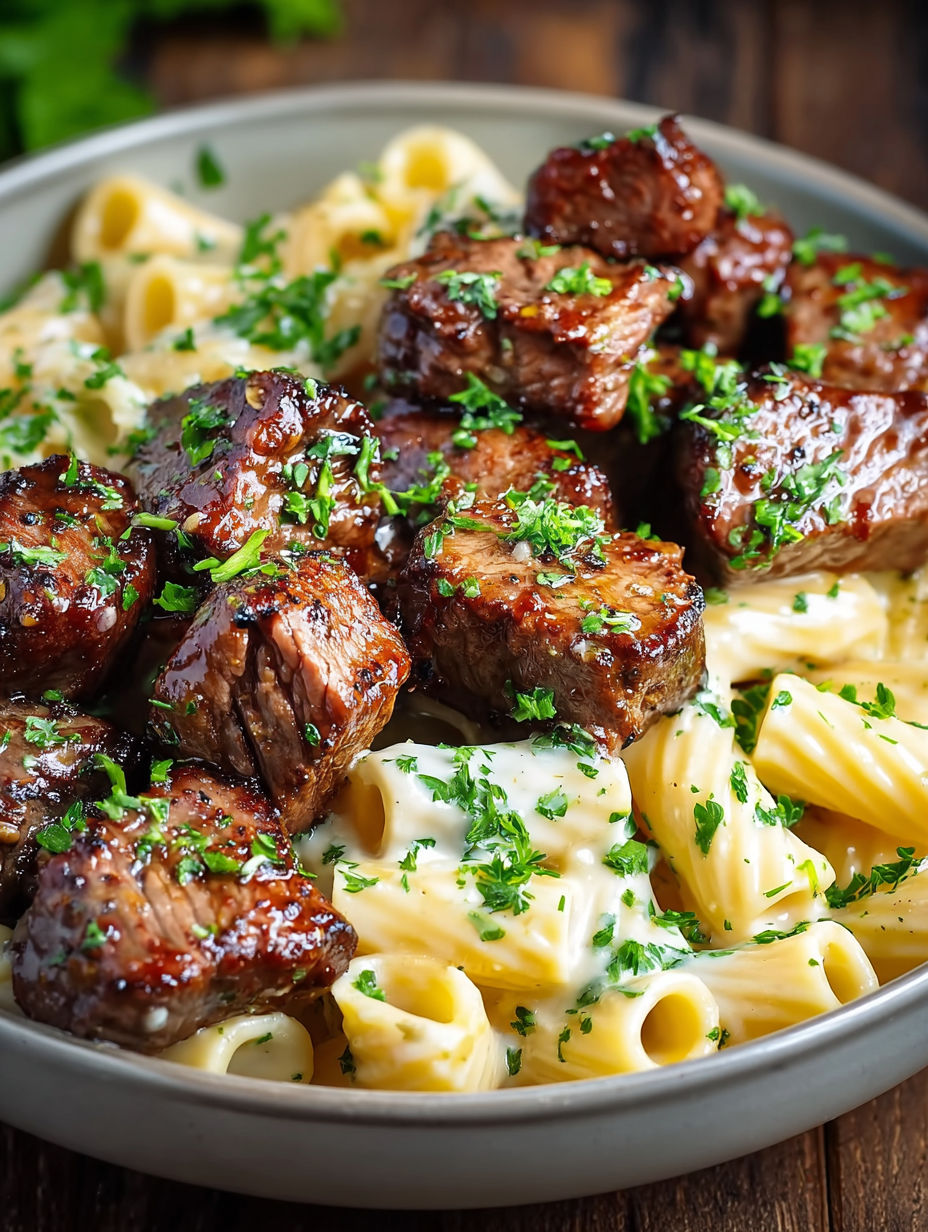 A bowl of pasta with meat and sauce.