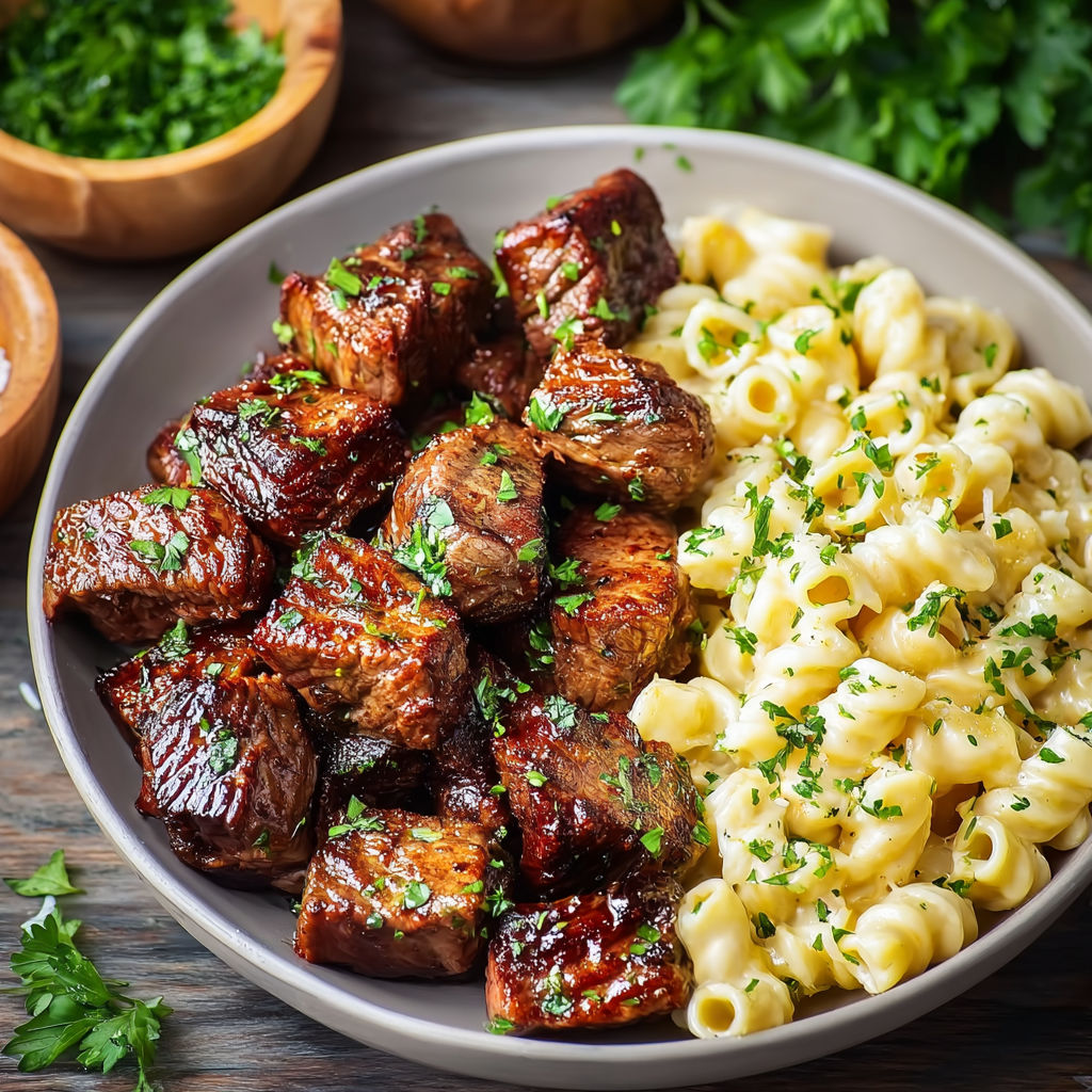 A plate of beef and pasta.