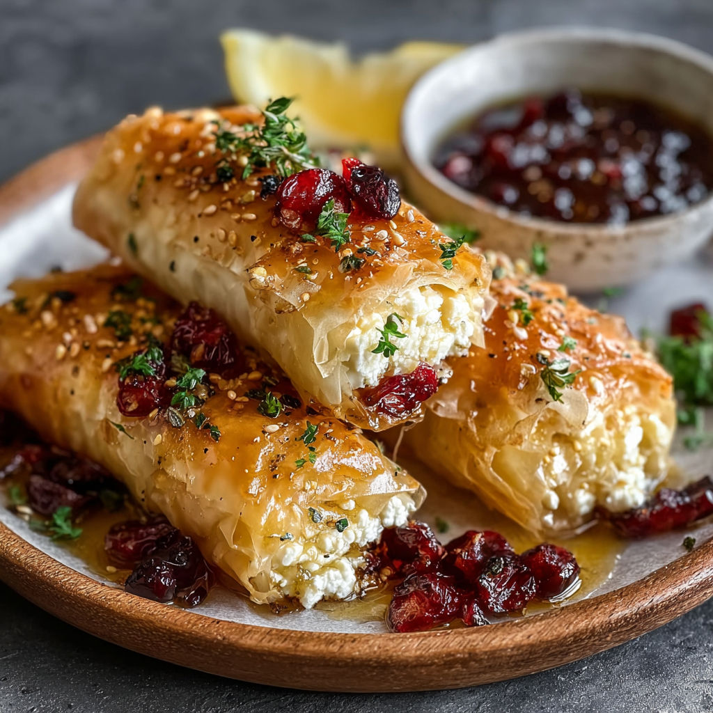 Golden baked feta rolls with sweet cranberry honey.