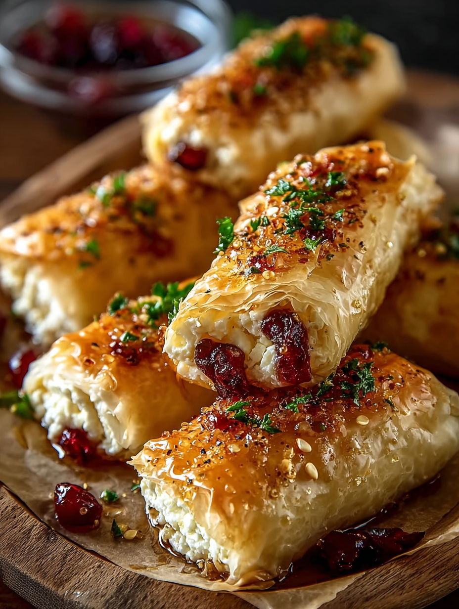 Golden baked feta rolls with sweet cranberry honey.