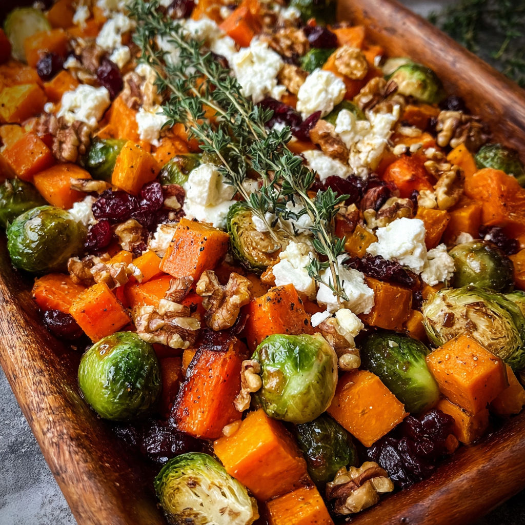 A dish of vegetables with feta cheese, walnuts, and cranberry-honey glaze.