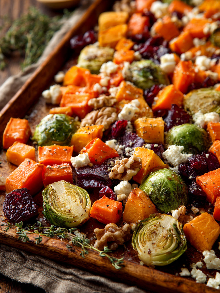 A dish of vegetables with feta, walnuts, and cranberry-honey glaze.