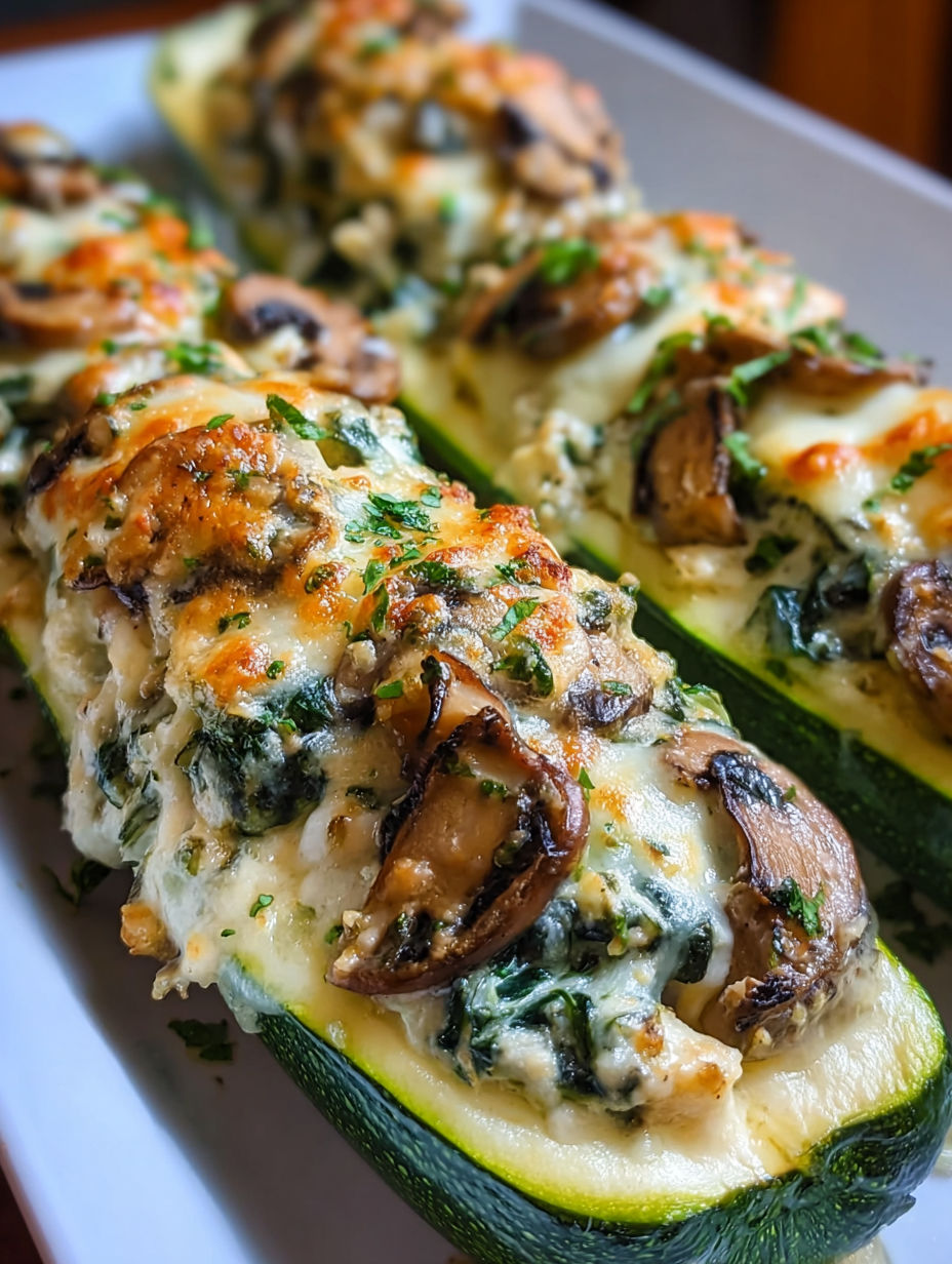 A plate of stuffed zucchini boats with mushrooms and spinach.