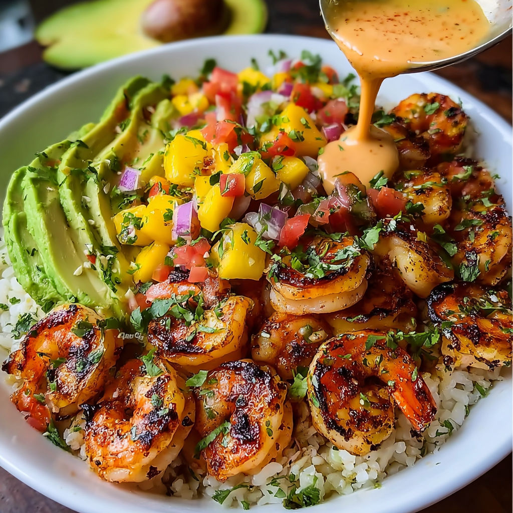 A bowl of shrimp and avocado with mango salsa and lime chili sauce.