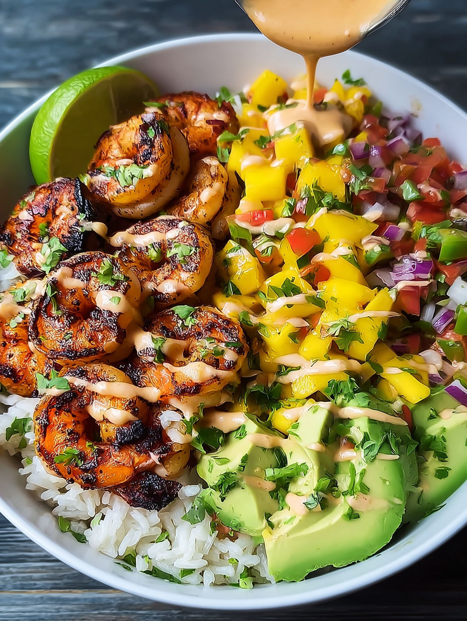 A bowl of shrimp and avocado with mango salsa and lime-chili sauce.