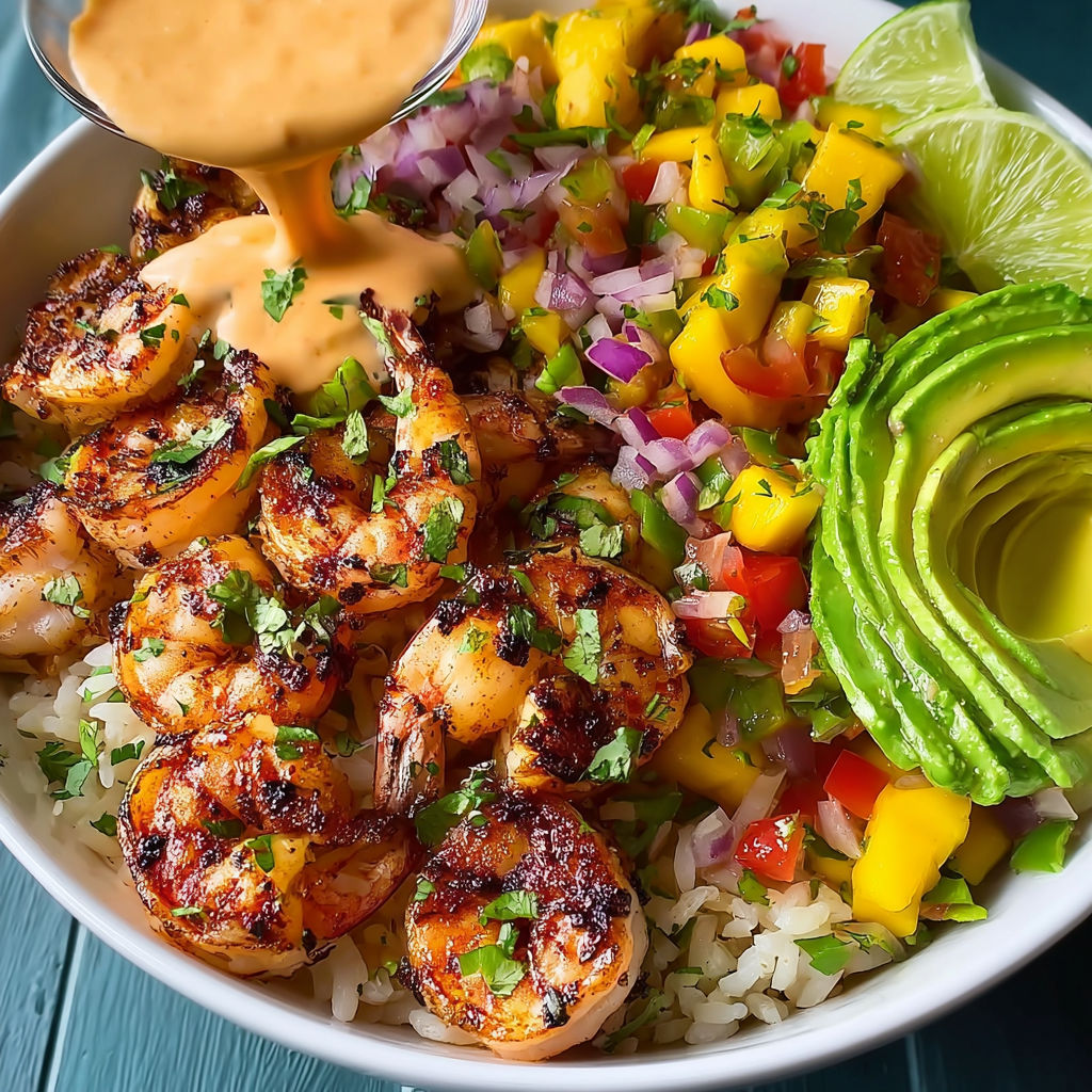 A bowl of shrimp and avocado with mango salsa and lime chili sauce.