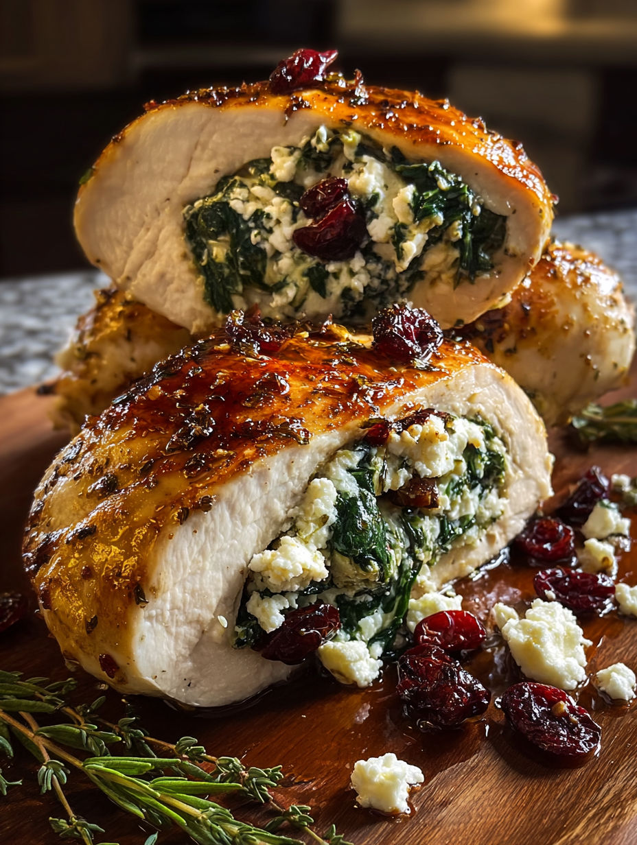 Cranberry and spinach stuffed chicken breasts with goat cheese.