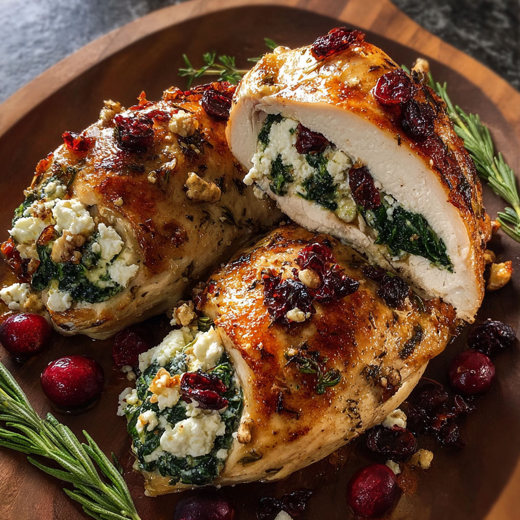 Three stuffed chicken breasts with spinach and goat cheese.