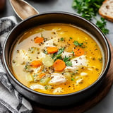 A bowl of chicken soup with shredded chicken, carrots, celery, and herbs garnished with black pepper, placed on a textured surface next to a piece of bread.