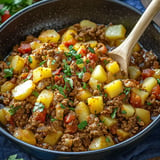 A close-up of a hearty beef and potato stew garnished with fresh cilantro in a black bowl, with a wooden spoon resting on the side.