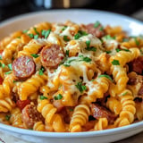 A close-up view of a bowl of pasta with cheese, sliced sausage, and garnished with fresh parsley.