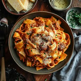 A bowl of pappardelle pasta topped with meat sauce, grated cheese, and herbs, with additional cheese and garlic in the background.