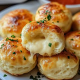 A plate of golden, flaky cheese biscuits is shown, with one biscuit torn open to reveal melted cheese inside, garnished with chopped parsley.