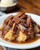 A plate of dessert featuring fluffy dumplings topped with caramel sauce, pecans, and a dusting of powdered sugar.