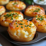 Golden-brown cheesy mashed potato cups topped with chopped chives, arranged in a muffin tin.