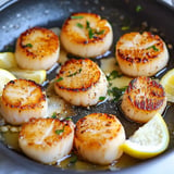 A skillet filled with seared scallops garnished with herbs and accompanied by lemon wedges.