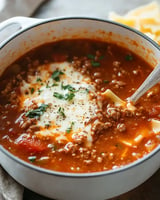 A close-up of a bowl of hearty meat sauce with noodles, topped with melted cheese and garnished with chopped parsley.