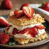 A delicious strawberry shortcake layered with cream, fresh strawberries, and golden biscuit pieces on a plate.