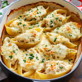 A dish of baked stuffed pasta shells filled with creamy chicken and topped with melted cheese and parsley.