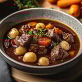 A bowl of meat and vegetables.
