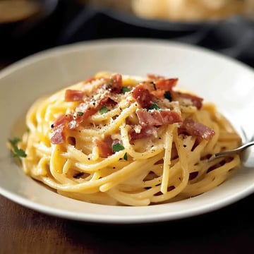 A plate of spaghetti carbonara topped with bacon, grated cheese, and black pepper.