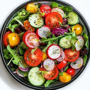 A colorful salad made with mixed greens, cherry tomatoes, cucumbers, radishes, and yellow grape tomatoes, drizzled with dressing.