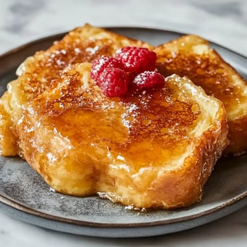 A plate of golden-brown French toast topped with raspberries and drizzled with syrup.