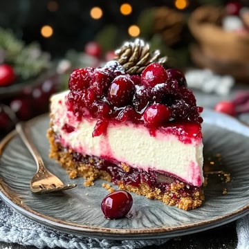 A slice of cheesecake topped with cranberry sauce and fresh cranberries, served on a plate with a fork.