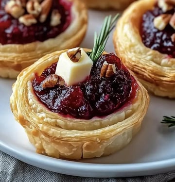 A close-up of pastry cups filled with a berry compote, topped with a small piece of butter, pecans, and a sprig of rosemary.