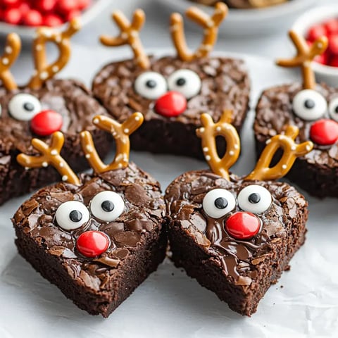 A group of festive brownies shaped like reindeer, decorated with candy eyes, red noses, and pretzel antlers.