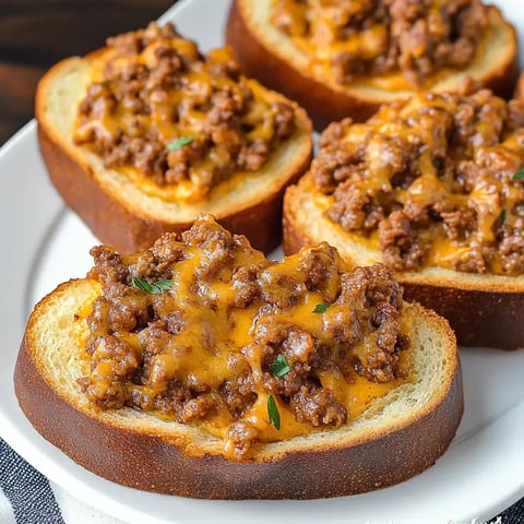 A plate of toasted bread topped with seasoned ground beef and melted cheddar cheese.