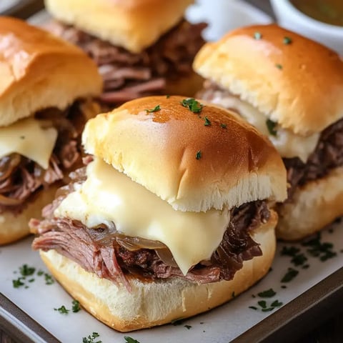 A close-up image of tender shredded beef sandwiches topped with melted cheese, served on soft bread rolls.