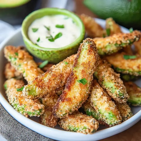 A bowl of crispy, breaded avocado slices is accompanied by a small, green serving bowl filled with creamy dip.