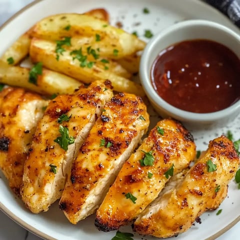 A plate of grilled chicken strips garnished with parsley, served with crispy potato wedges and a small bowl of dipping sauce.