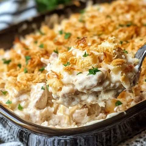 A spoonful of creamy chicken casserole topped with crispy breadcrumbs and parsley, with the dish in the background.