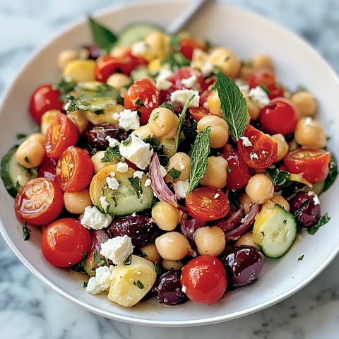 A colorful salad featuring cherry tomatoes, cucumbers, chickpeas, olives, and feta cheese, garnished with fresh mint.