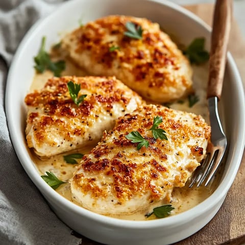 A platter of golden-brown baked chicken breasts garnished with fresh parsley, served in a creamy sauce.