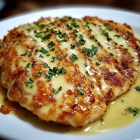 A grilled chicken fillet topped with creamy sauce and garnished with chopped parsley is served on a white plate.