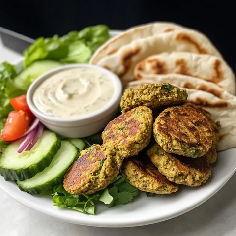 A plate of falafel patties served with tahini sauce, fresh vegetables, and pita bread.