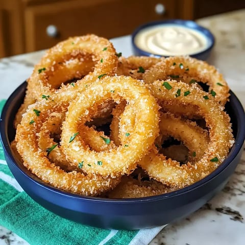 A bowl of golden-brown onion rings garnished with parsley, served with a small dish of dipping sauce.