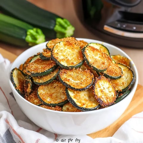 A white bowl filled with golden-brown, breaded and air-fried zucchini slices, surrounded by fresh zucchinis and partially visible kitchen equipment.