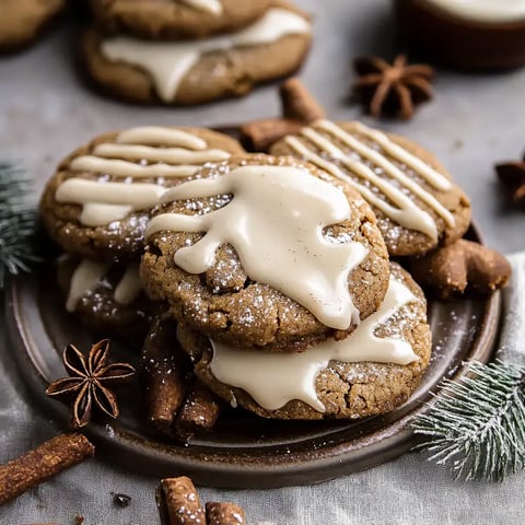 A close-up of a plate stacked with decorated cookies, featuring drizzles of icing and surrounded by cinnamon sticks and star anise.