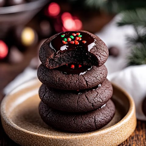 A stack of four chocolate cookies topped with glossy chocolate glaze and colorful sprinkles, set on a decorative plate.