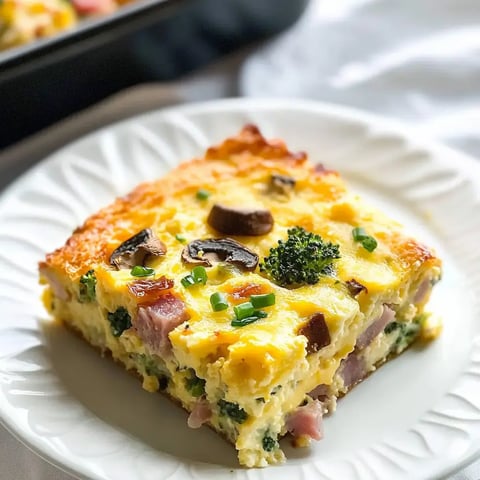 A slice of baked egg casserole topped with mushrooms, broccoli, and green onions on a white plate.